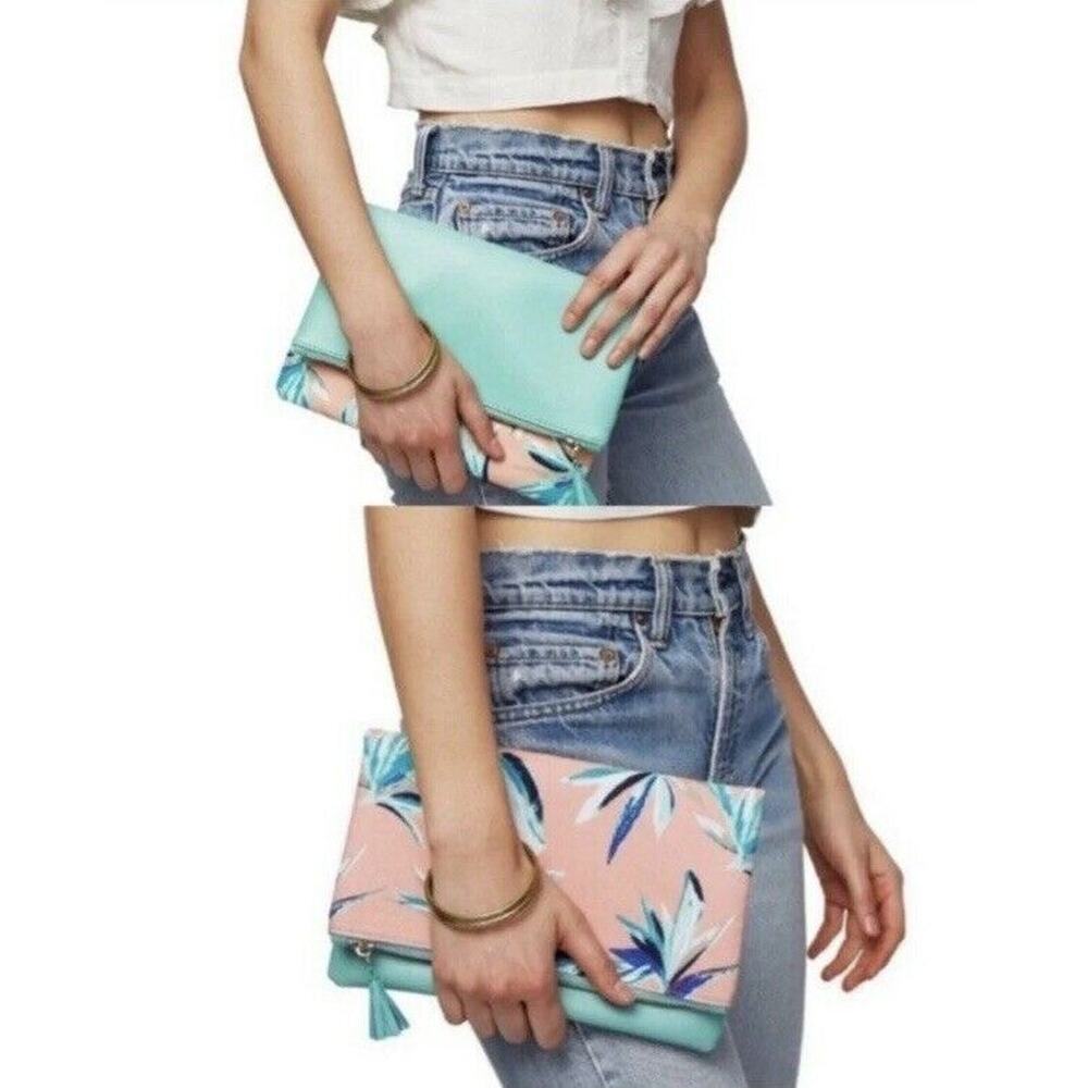 Rachel Pally Reversible Foldable Clutch Bag Paradise Print 12X10 Aqua Pink New